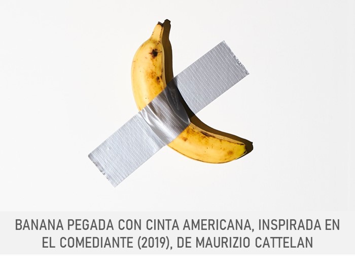 Banana pegada con cinta americana, inspirada en el Comediante (2019), de Maurizio Cattelan